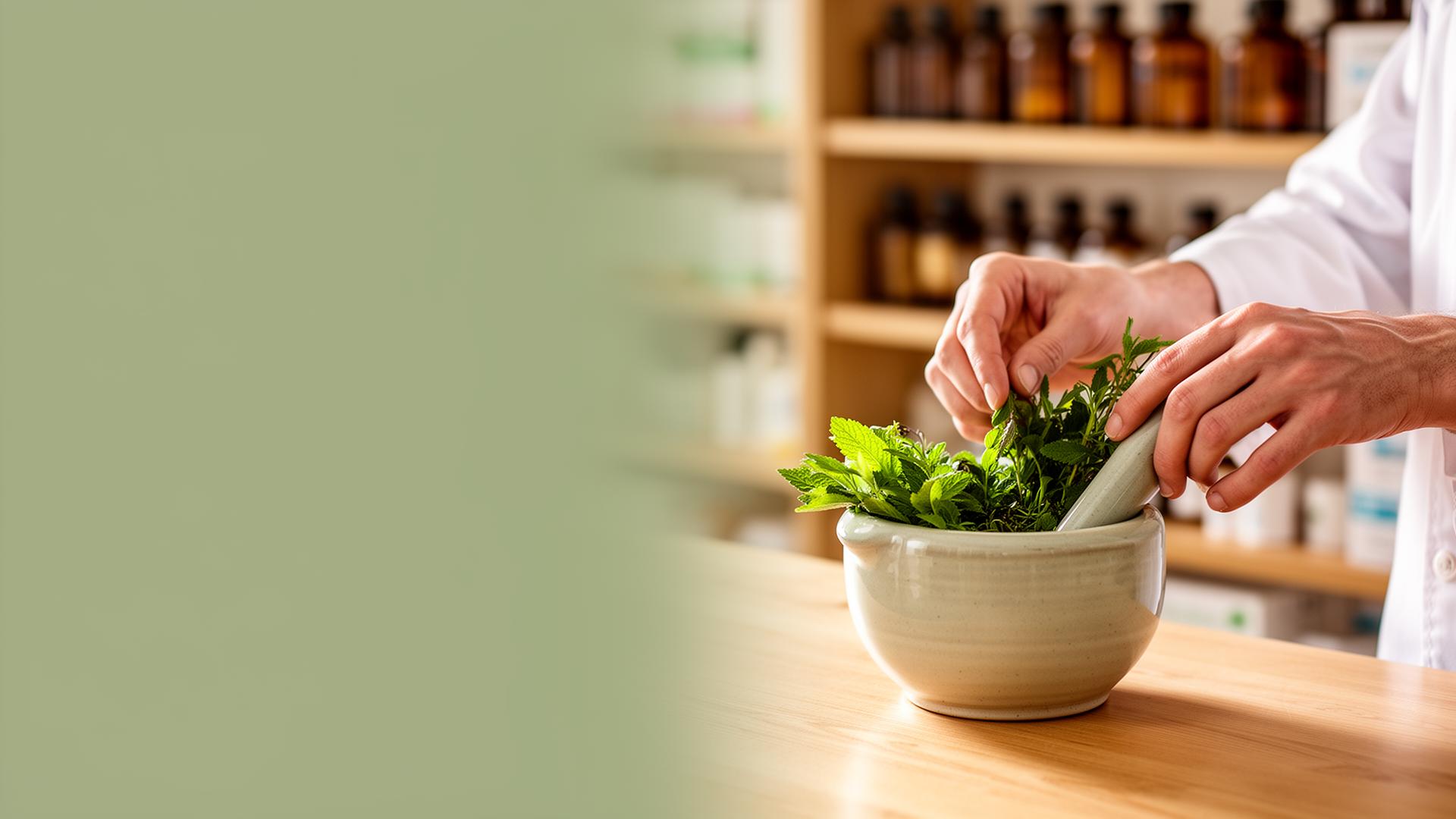 Apotheker bereitet frische Heilkräuter im Mörser zu